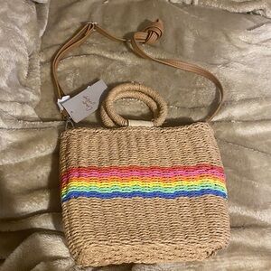 Crown Vintage Rainbow Striped Jute Boho Pride Crossbody Purse Bag w/ Handles
